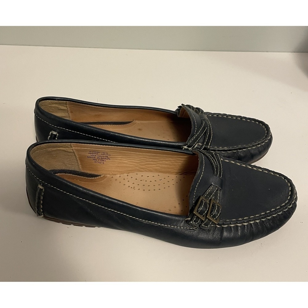 L.L..Bean Women's Sz8.5M Classic Navy Loafers Driving Moccasins Leather Buckles